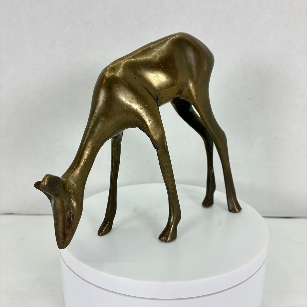 Vintage Solid Brass Grazing Deer Figurine Mid Century Modern MCM Animal Decor
